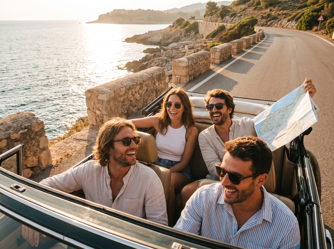 Vrienden op roadtrip langs de kust