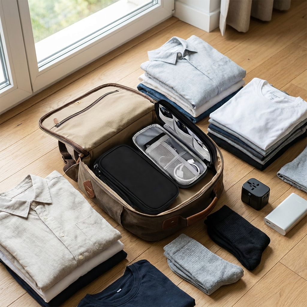 CableClean Pro ingepakt in een reistas naast kleding