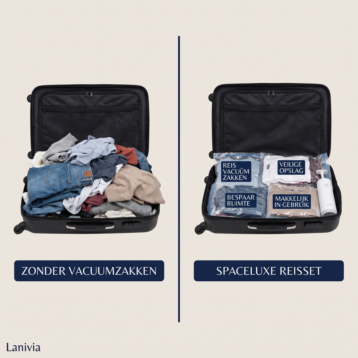 Koffer met en zonder SpaceLuxe vacuumzakken
